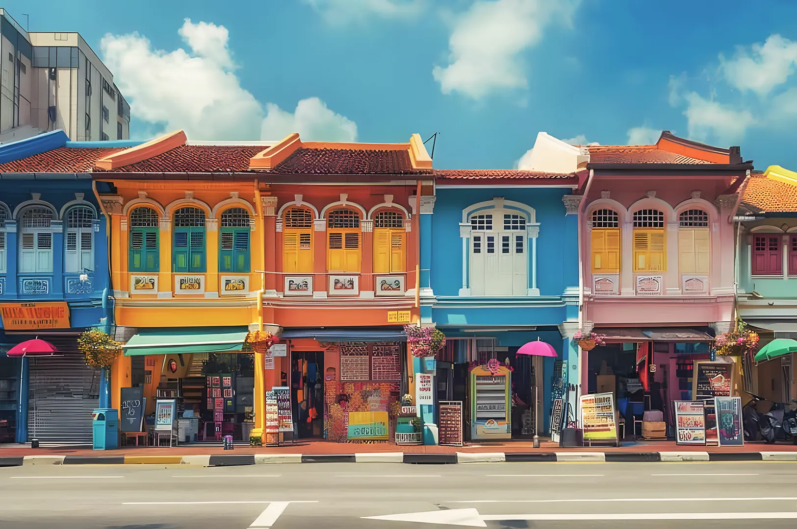 Colorful heritage shophouses along a vibrant street in Singapore, featuring blue, yellow, orange, and pink façades with ornate windows and traditional architecture under a bright blue sky.