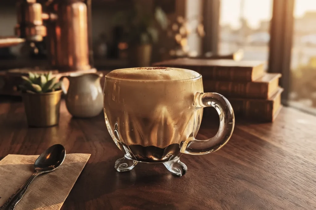 Glass mug of foamy egg coffee sitting on a wooden table beside books, a small succulent, and a coffee pot.