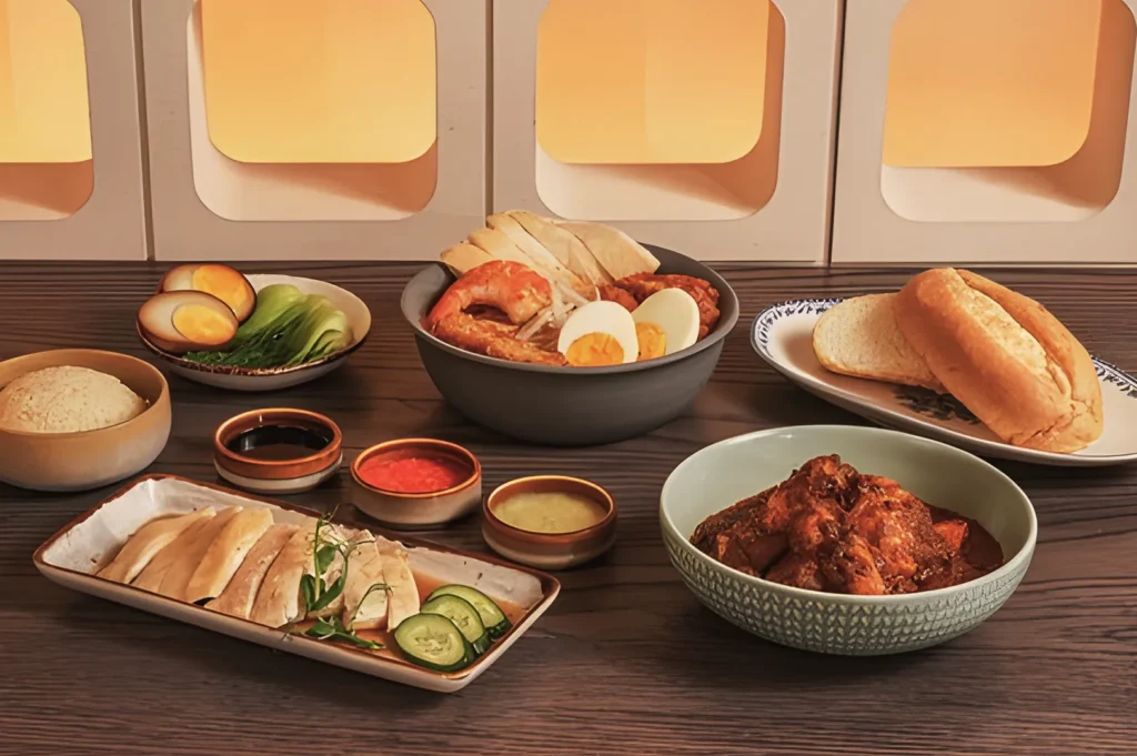 Singaporean meal spread with Hainanese chicken rice, curry chicken, and prawn noodles — traditional local dishes served in a modern dining setup.
