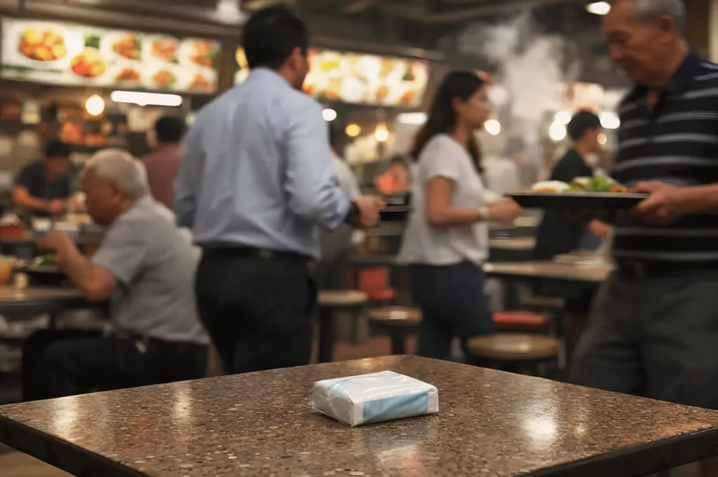Packet of tissues placed on a table in a busy Singapore hawker center — cultural practice of reserving seats, known locally as “chope,” amid lively dining atmosphere.