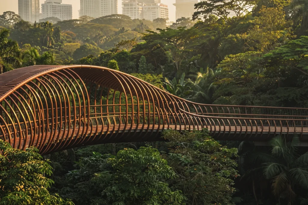 Henderson Waves Bridge in Singapore — architectural landmark with curved wooden ribs spanning lush tropical forest and city skyline backdrop.