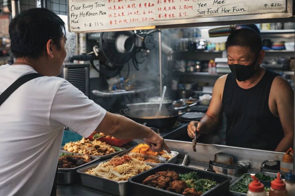 Hawker stall vendor serving noodles and fried dishes to a customer — authentic Singapore street food scene featuring Char Kway Teow and Hokkien Mee.