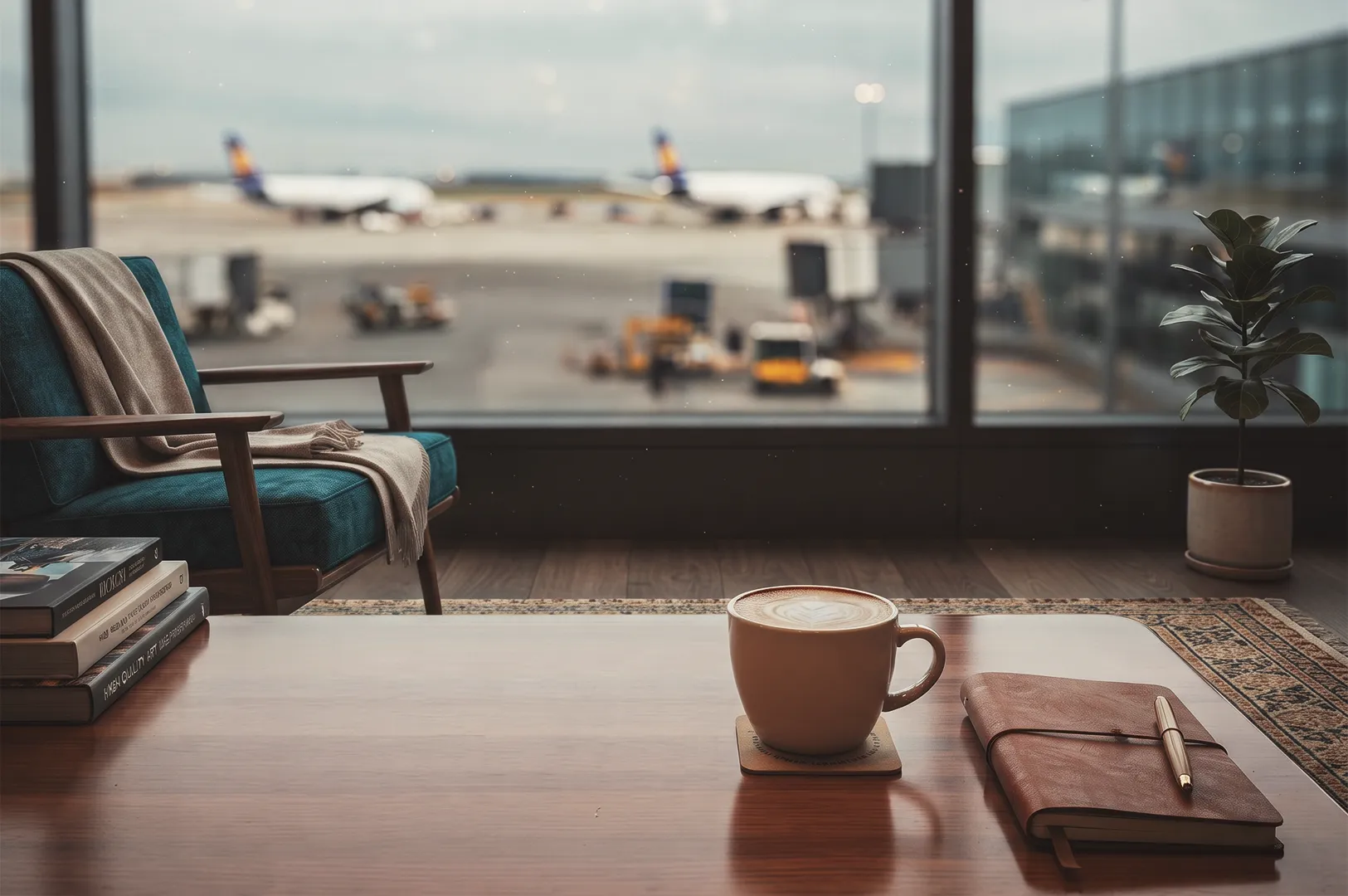 Cozy airport lounge with a cup of latte, leather notebook, and pen on a wooden table overlooking airplanes on the runway, symbolizing travel relaxation and productivity.