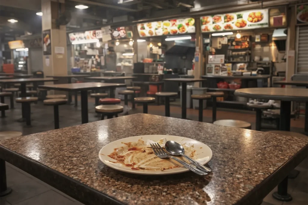 Empty plate with fork and spoon on a table inside a Singapore hawker centre after a meal, with food stalls in the background.