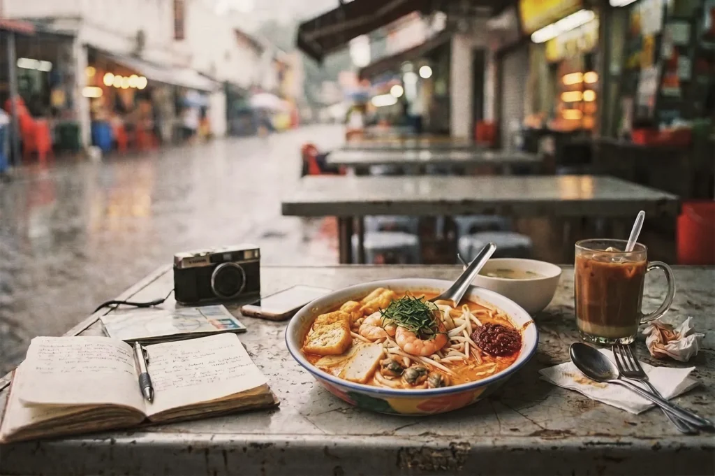 Bowl of authentic Laksa noodle soup with prawns, fried tofu, and sambal paste served on a metal table next to an iced milk coffee, vintage camera, and open travel notebook.