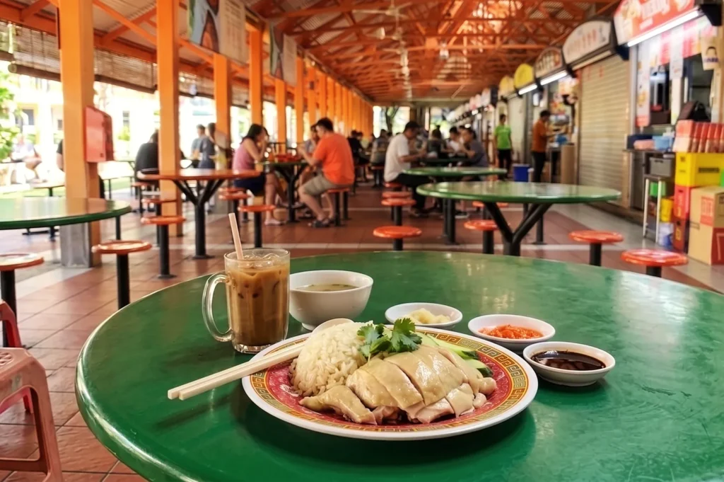 Hainanese chicken rice served with iced kopi at a Singapore hawker centre table.