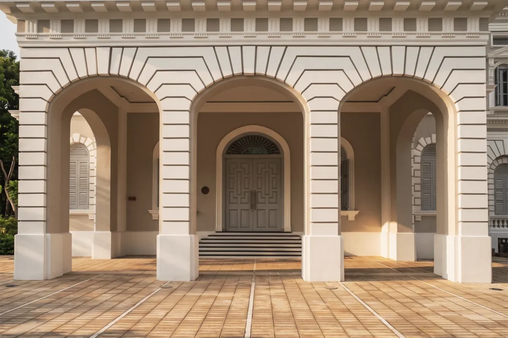Close‑up of three symmetrical arches with detailed cornices and tiled flooring leading to a decorative double door framed by classical molding.