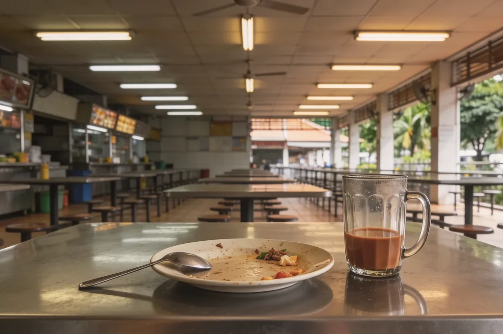 An empty food plate with leftovers and a spoon next to a glass mug of milk tea on a metal table inside a quiet, spacious hawker centre hall in Singapore.