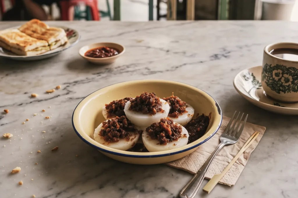 Singapore breakfast of steamed rice cakes topped with savory sambal, served with kaya toast and local coffee on a marble table.