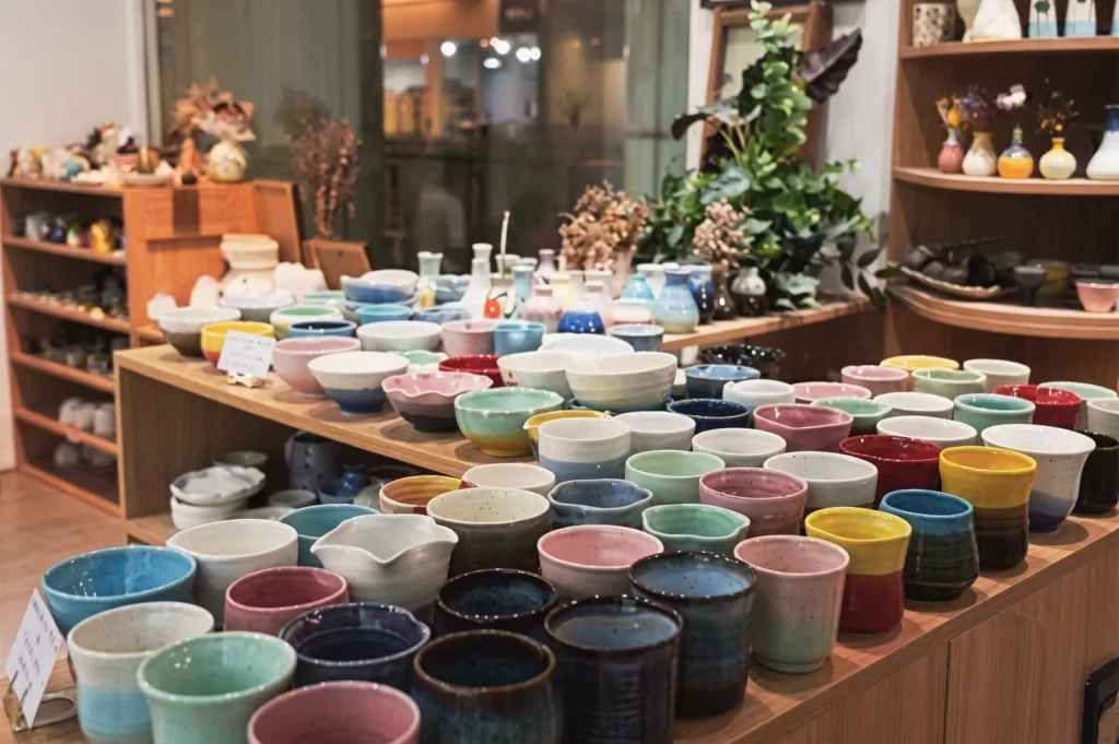 Display of vibrant handmade ceramic cups and bowls in pastel and bold colors at Taoz Ceramics Studio — modern pottery art and home décor in Singapore.