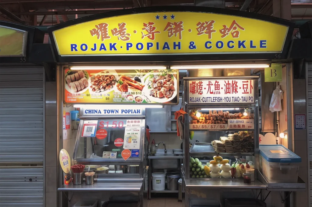 Rojak Popiah & Cockle stall at Maxwell Food Centre Singapore offering traditional rojak, popiah, and seafood snacks in a vibrant hawker setting
