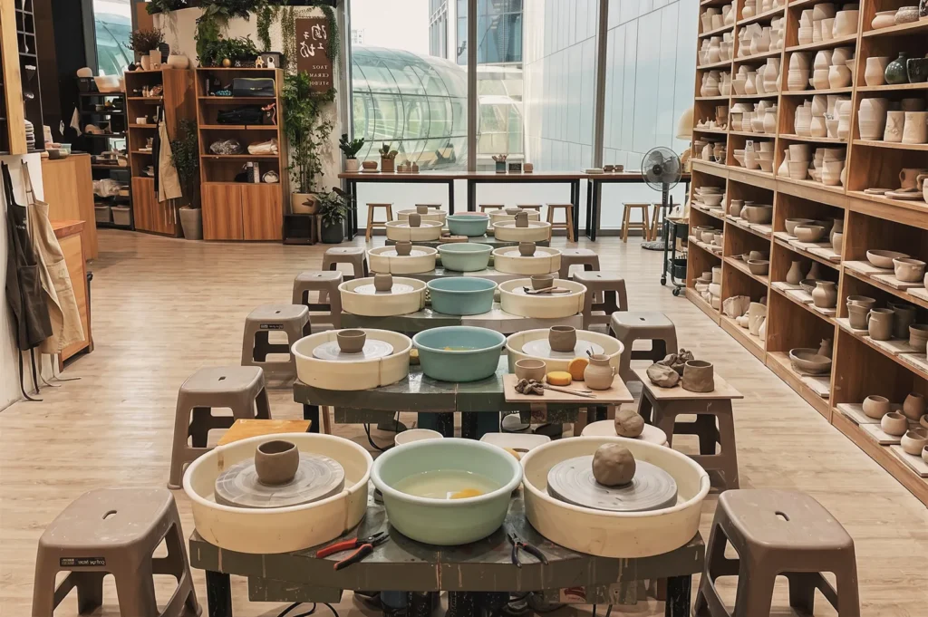 Row of pottery wheels and shelves filled with clay creations inside Taoz Ceramics Studio — interactive ceramics workshop with natural light and creative ambiance.