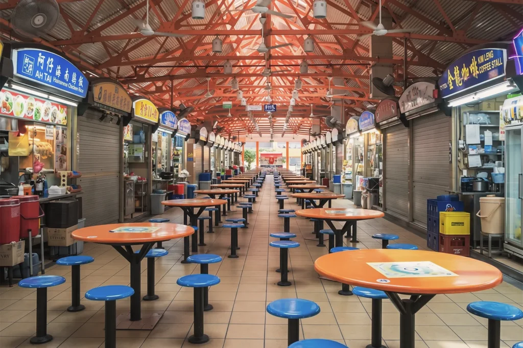 Interior view of Maxwell Food Centre Singapore with rows of orange tables and blue stools, lined with iconic hawker stalls serving local cuisine.