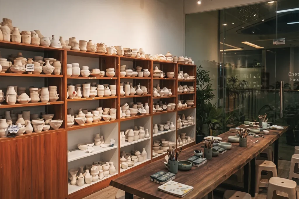 Art studio workspace at Taoz Ceramics Studio with shelves of unfinished pottery and long wooden table for painting and glazing — creative ceramics class environment.