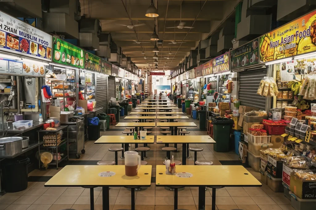 Rows of food stalls at Old Airport Road Food Centre Singapore offering diverse Asian dishes with yellow tables and round stools.